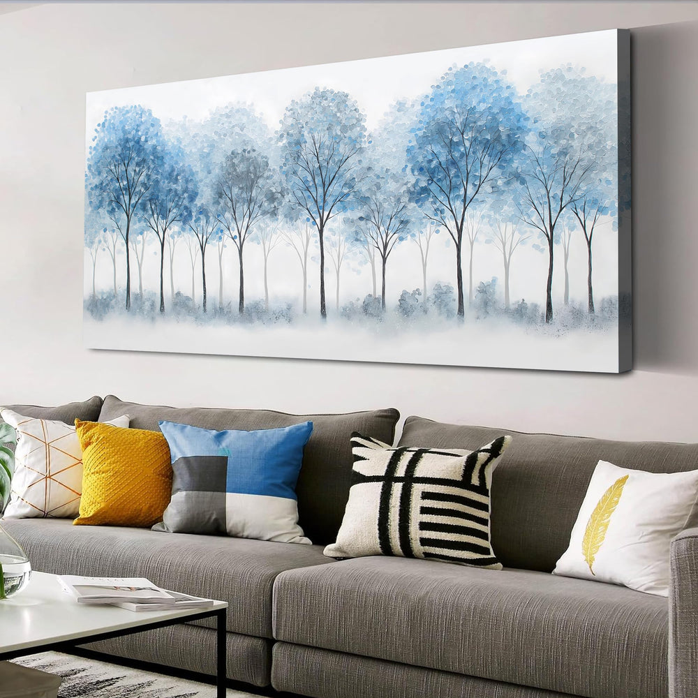 Blue Forest Canvas Wall Art – White Misty Trees Landscape, Multiple Sizes