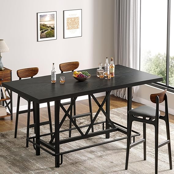 63-Inch Industrial Counter Height Bar Table with Metal Footrest