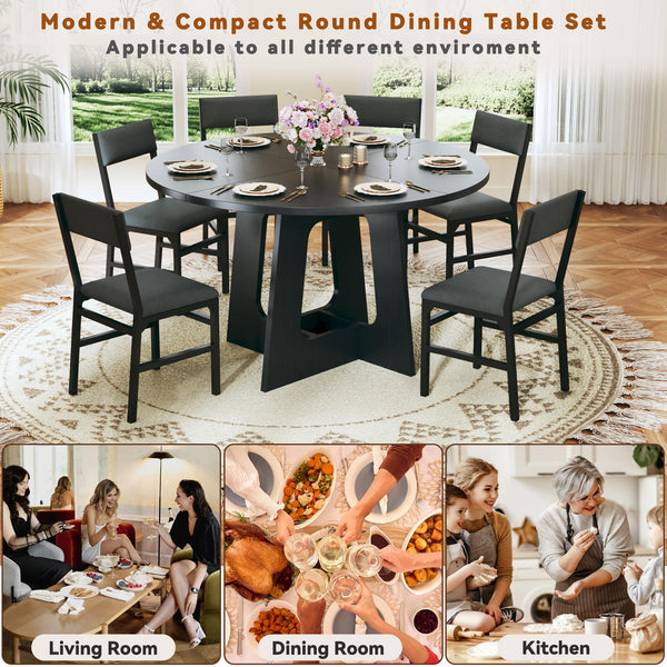 Round Dining Table Set for 6 – 7-Piece with Upholstered Chairs