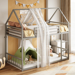 Twin Over Twin House Bunk Bed with Ladder & Guardrail