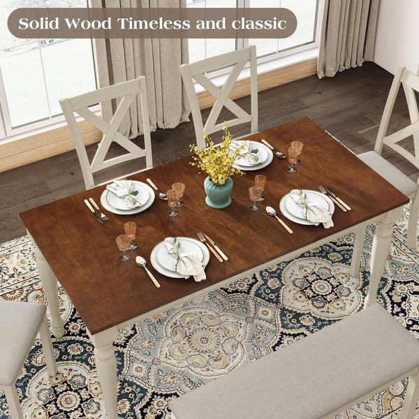 6-Piece Farmhouse Solid Wood Dining Table Set with Chairs and Bench