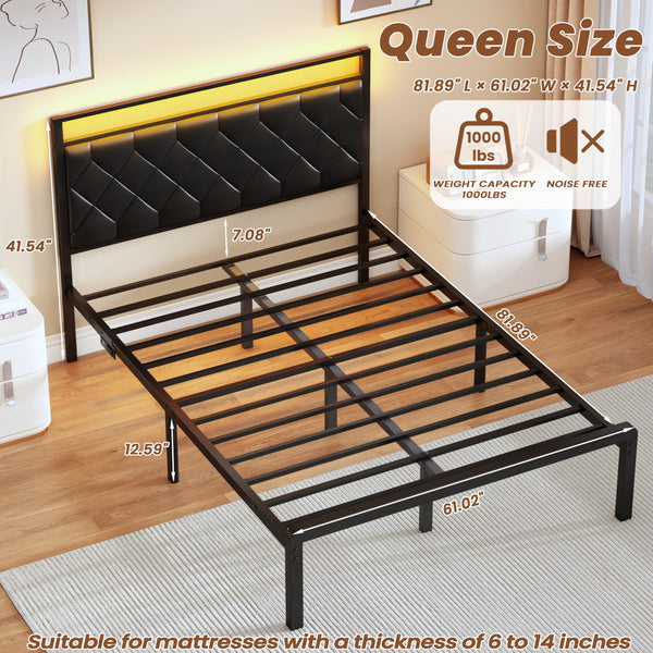 Queen Bed Frame with LED Lights, Charging Station & Upholstered Headboard