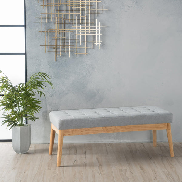 Mid-Century Tufted Fabric Bench – Light Grey