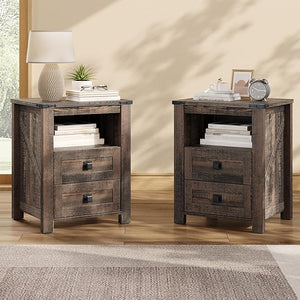 Farmhouse Nightstand Set of 2 with Drawer & Open Shelf