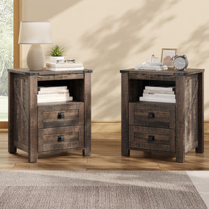 Farmhouse Nightstand Set of 2 with Drawers & Open Shelf