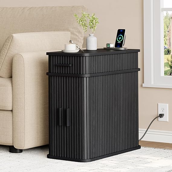 Fluted End Table with Charging Station and Storage