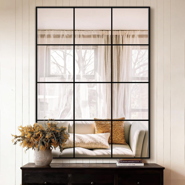 Windowpane Grid Wall Mirror – Black Metal Frame, Multi-Size