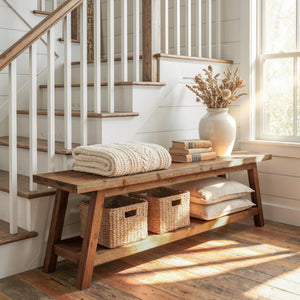 Solid Wood End-of-Bed Bench with Storage Shelf