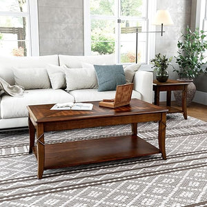 Mid-Century Solid Wood Coffee Table with Carved Legs & Storage Shelf