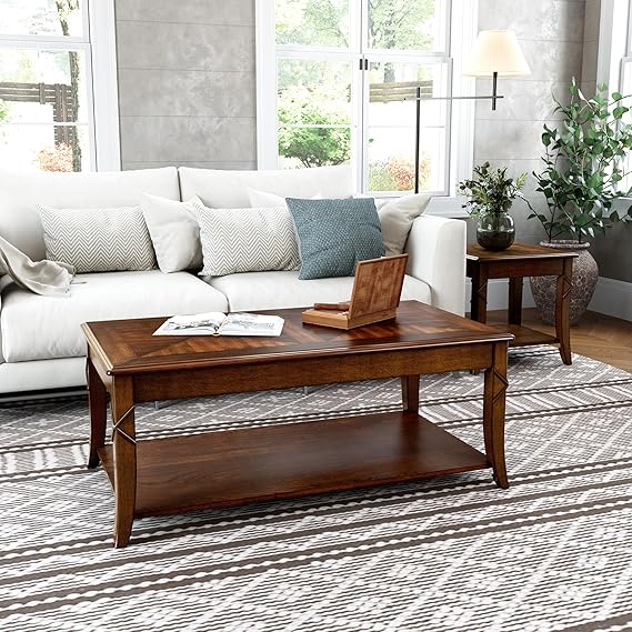 Mid-Century Solid Wood Coffee Table with Carved Legs & Storage Shelf