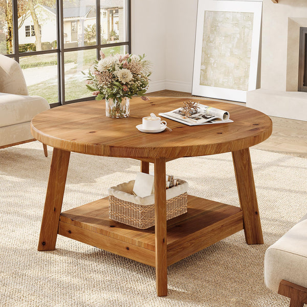 Round Solid Wood Coffee Table with Storage Shelf