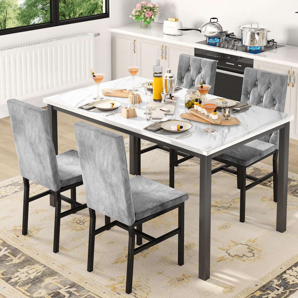 5-Piece Faux Marble Dining Table Set with Button-Tufted Chairs