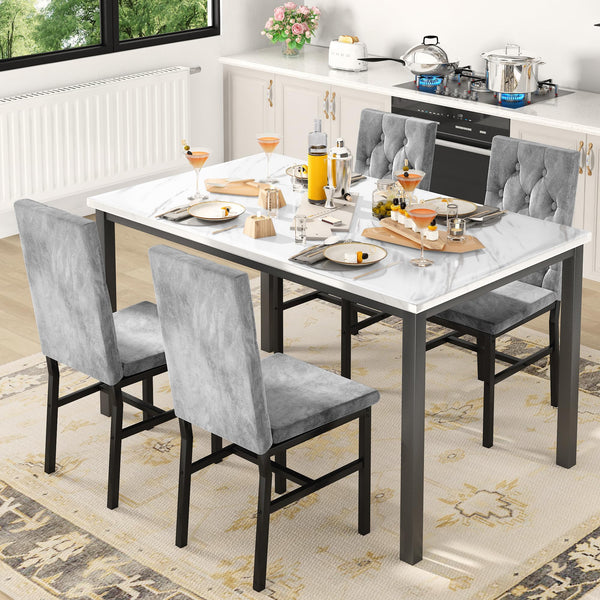 5-Piece Faux Marble Dining Table Set with Button-Tufted Chairs