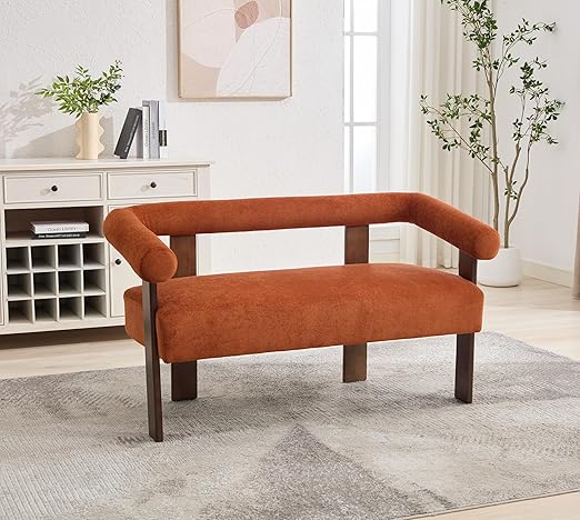 Modern Bouclé Fabric Loveseat – 2-Seater Sofa with Curved Armrests & Rubberwood Frame