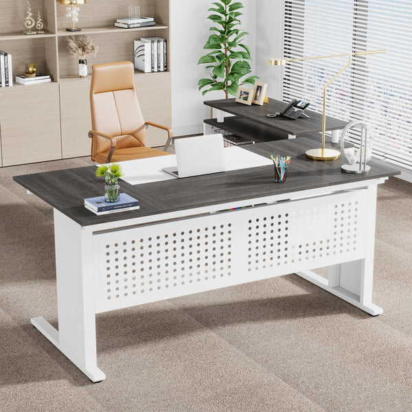 L-Shaped Executive Desk with File Cabinet & Storage Shelves
