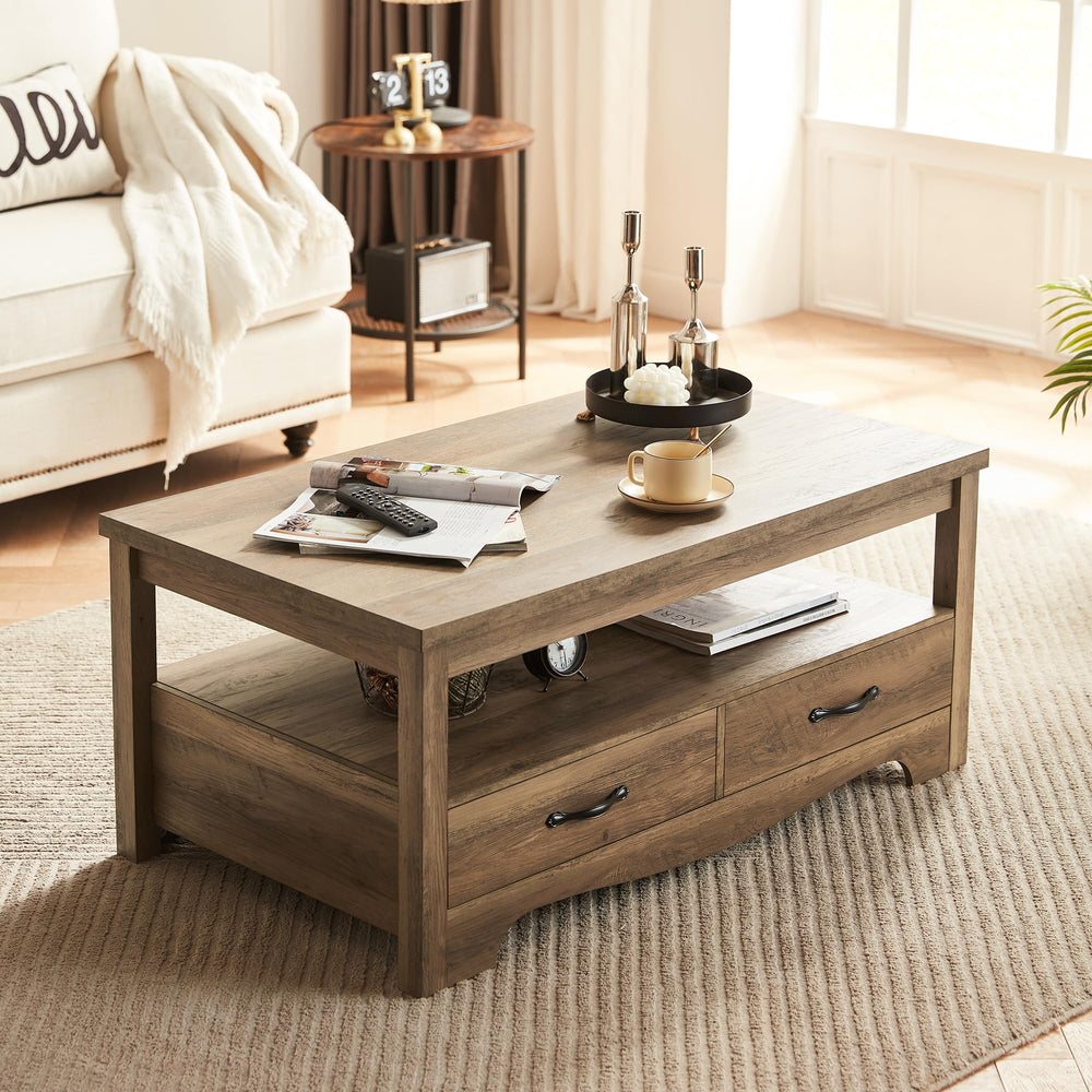 Farmhouse Coffee Table with Storage Drawers and Open Shelf