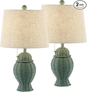 Natural Wicker Table Lamp Set of 2 with Linen Shade
