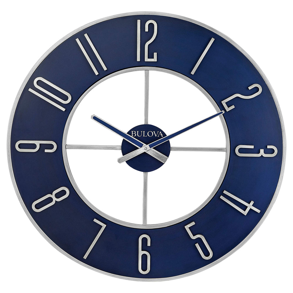 Large Round Analog Wall Clock – Silver & Blue, 27 Inch