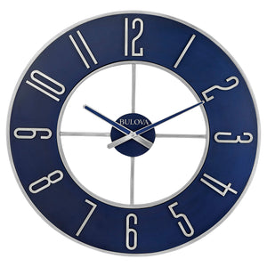 Large Round Analog Wall Clock – Silver & Blue, 27 Inch
