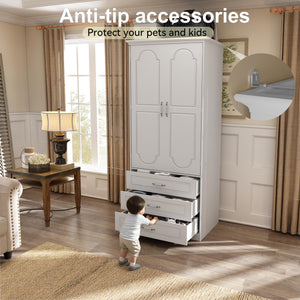 Armoire Wardrobe Closet with Drawers, LED Light & Hanging Rod