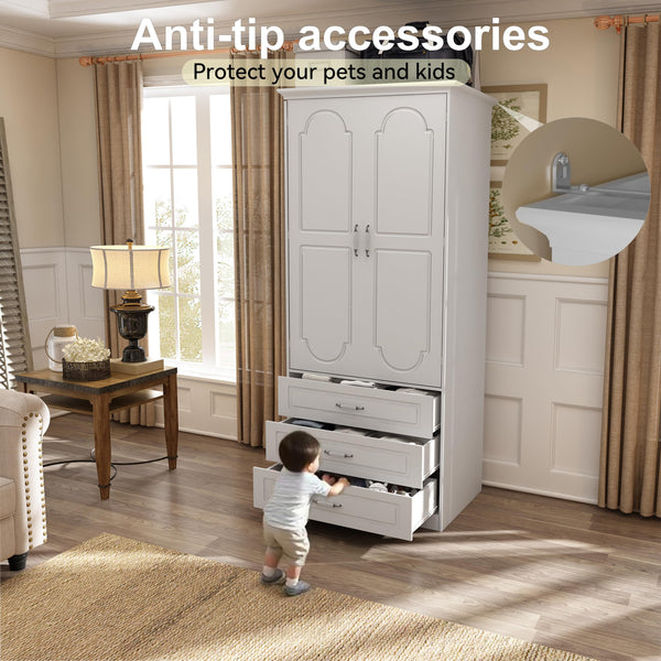 Armoire Wardrobe Closet with Drawers, LED Light & Hanging Rod