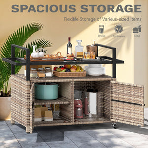 Outdoor Bar Cart with Storage Cabinet & Glass Top