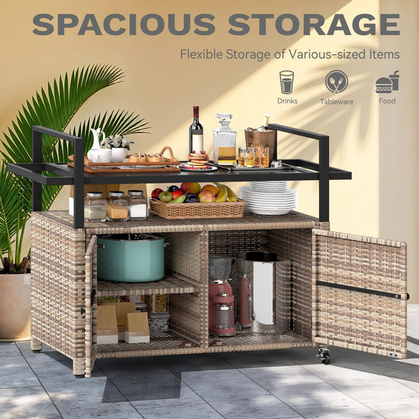 Outdoor Bar Cart with Storage Cabinet & Glass Top