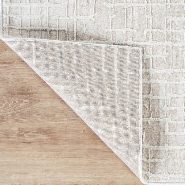 Beige Geometric Grid Area Rug – Medium Pile, Pet & Kid Friendly