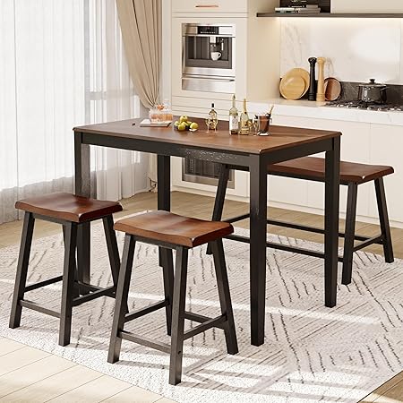 Counter Height Dining Table Set for 4 with Bench and Bar Stools – Solid Wood Farmhouse Kitchen Table