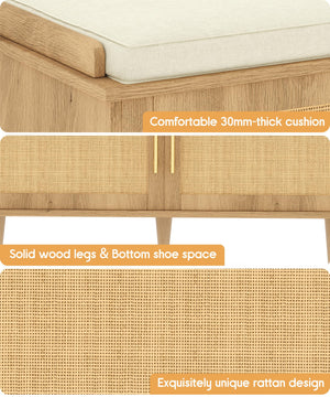 Rattan Shoe Storage Bench with Cushion & Adjustable Shelves
