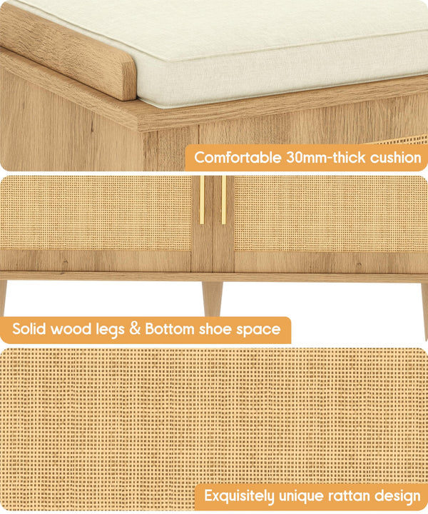 Rattan Shoe Storage Bench with Cushion & Adjustable Shelves
