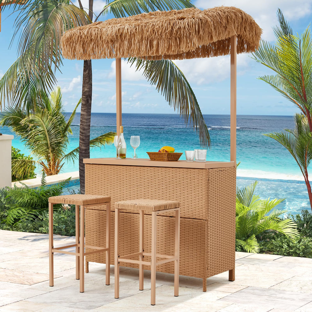 3-Piece Outdoor Tiki Bar Set with Stools & Canopy