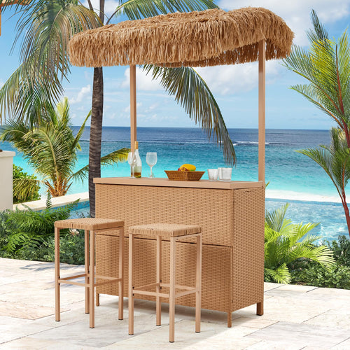 3-Piece Outdoor Tiki Bar Set with Stools & Canopy