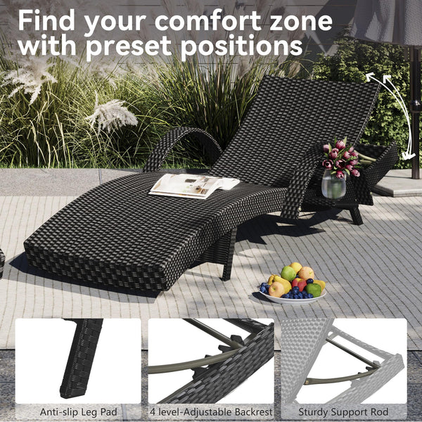 Outdoor Reclining Chaise Lounge Set of 2 with Pull-Out Side Table