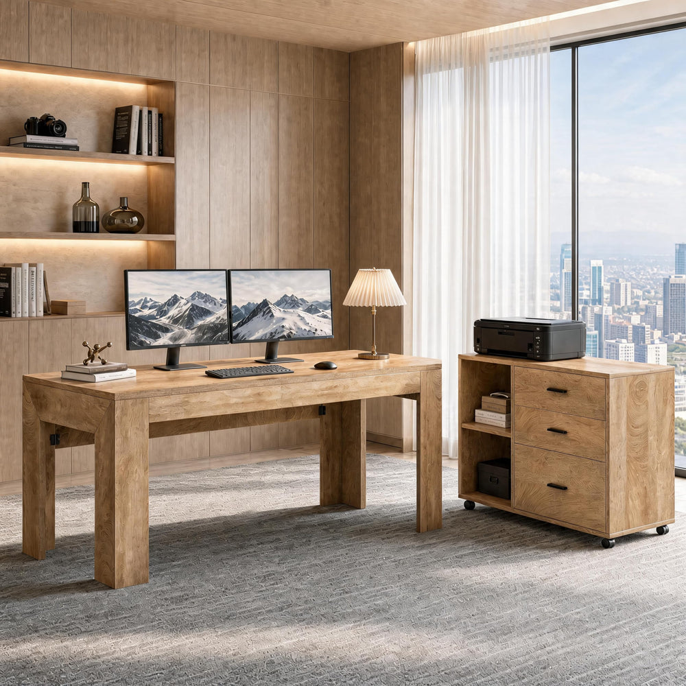 63" L-Shaped Office Desk with Drawers, Shelves & Rolling File Cabinet