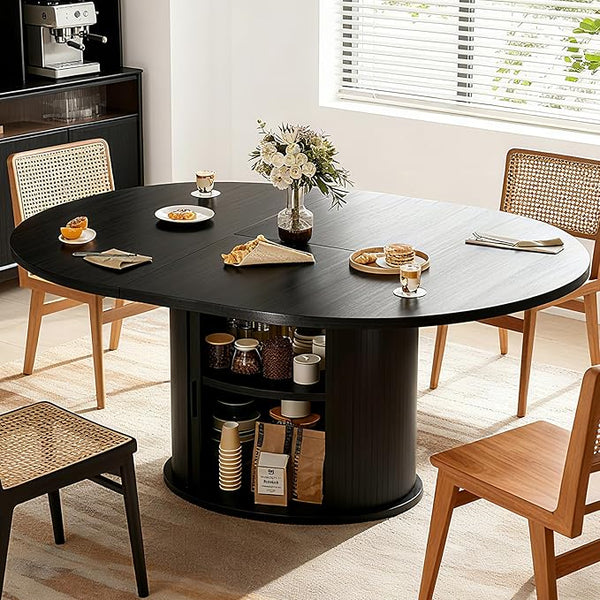 63 Inch Extendable Round Dining Table with 2-Tier Storage Shelf for 2-4-6
