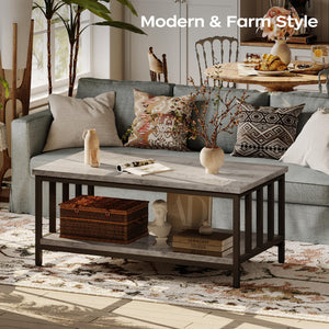 2-Tier Farmhouse Coffee Table with Slatted Sides & Metal Frame
