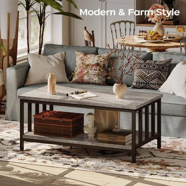 2-Tier Farmhouse Coffee Table with Slatted Sides & Metal Frame