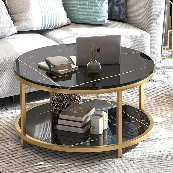 Round Coffee Table with Open Shelf, 33.5" Faux Marble Top, Gold Metal Legs