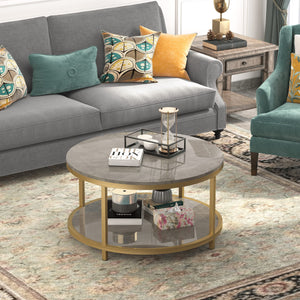 Round Coffee Table with Open Shelf, 33.5" Faux Marble Top, Gold Metal Legs
