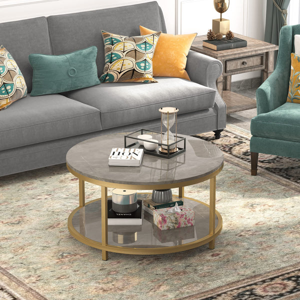 Round Coffee Table with Open Shelf, 33.5" Faux Marble Top, Gold Metal Legs