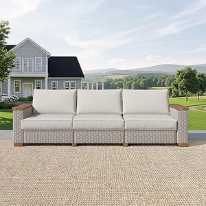 Outdoor Wicker Patio Sectional Sofa Set with Wood Armrests