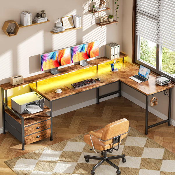 L-Shaped Computer Desk with Power Outlets, USB-C, Drawers & LED Lights – 65 Inch