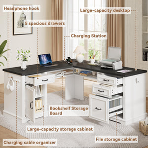 L-Shaped Farmhouse Executive Desk with Drawers & Charging Station