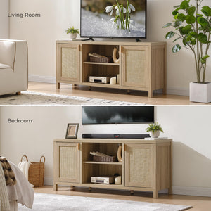 Rattan TV Stand with Storage Cabinets & Adjustable Shelves