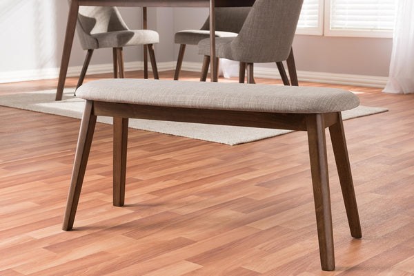 Mid-Century Modern Fabric Upholstered Bench with Walnut Wood Legs
