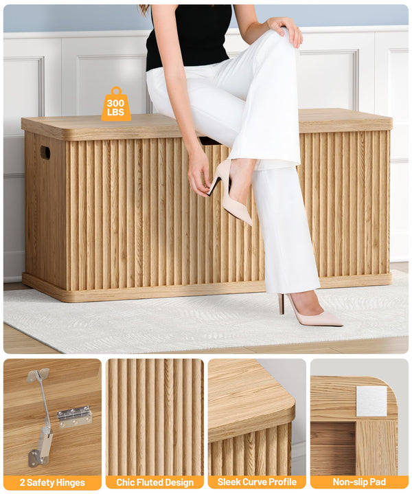Fluted Storage Chest Bench with Safety Hinges – Natural Oak
