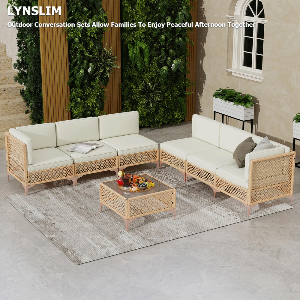 Outdoor Patio Sectional Sofa Set with Tempered Glass Coffee Table