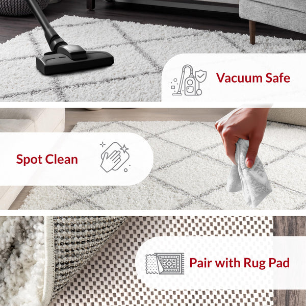 Moroccan Trellis Shag Area Rug 5x8 – Polypropylene, White/Grey