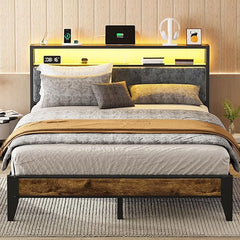 Queen Bed Frame with LED Headboard, Storage & Charging Station